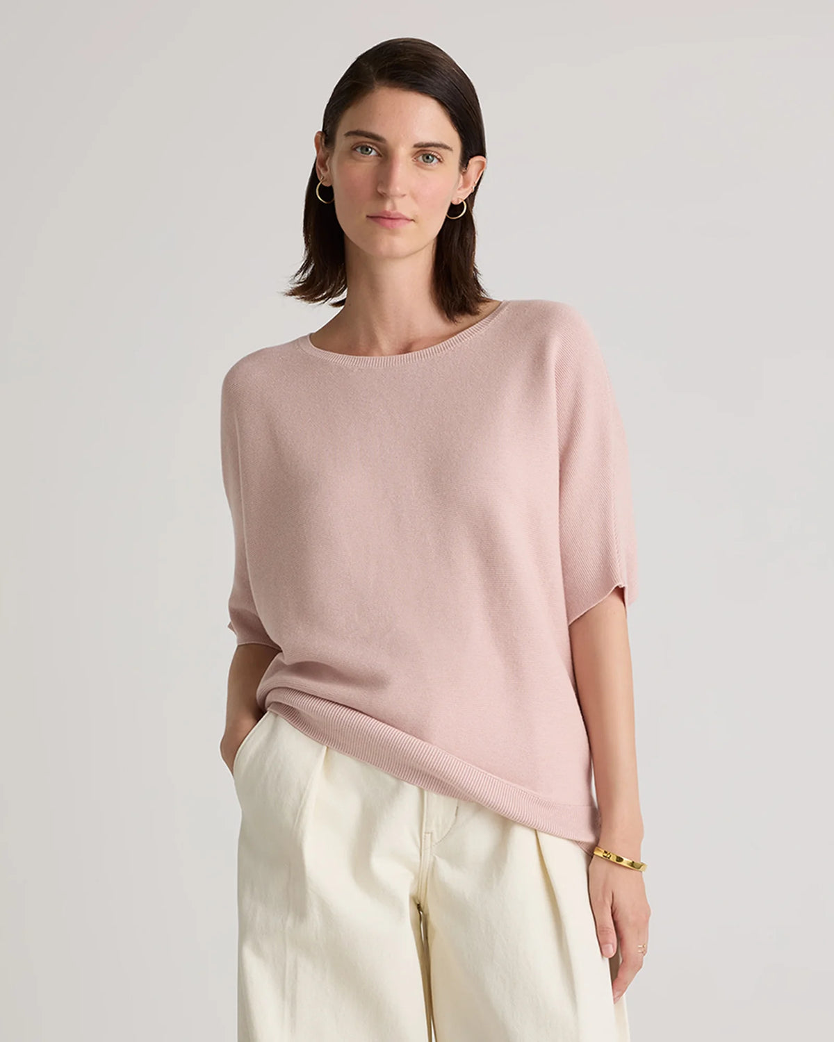 Lightweight Cotton Cashmere Link-Stitch Dolman Sweater - XS / Sugar Stone Main image