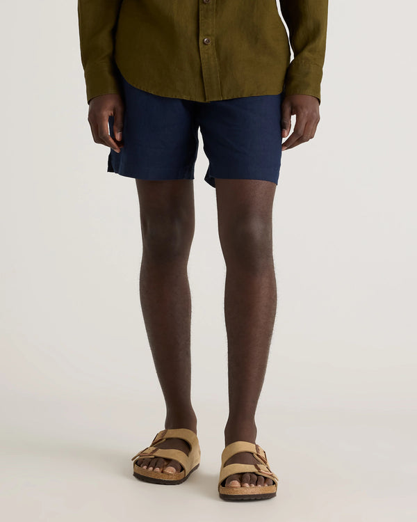 100% European Linen Drawstring Beach Shorts - 7" - XS / Taupe Brown Chambray