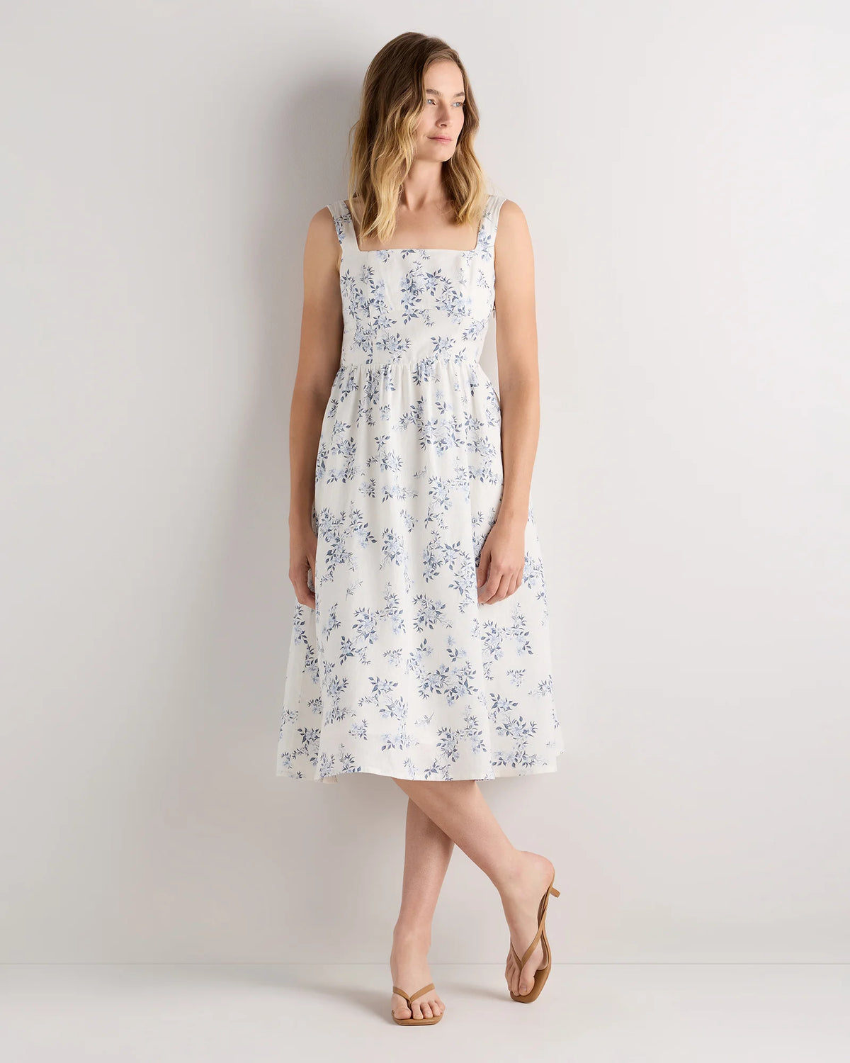 100% European Linen Fit & Flare Midi Dress - XS / Ivory Porcelain Blue Petite Floral Main image