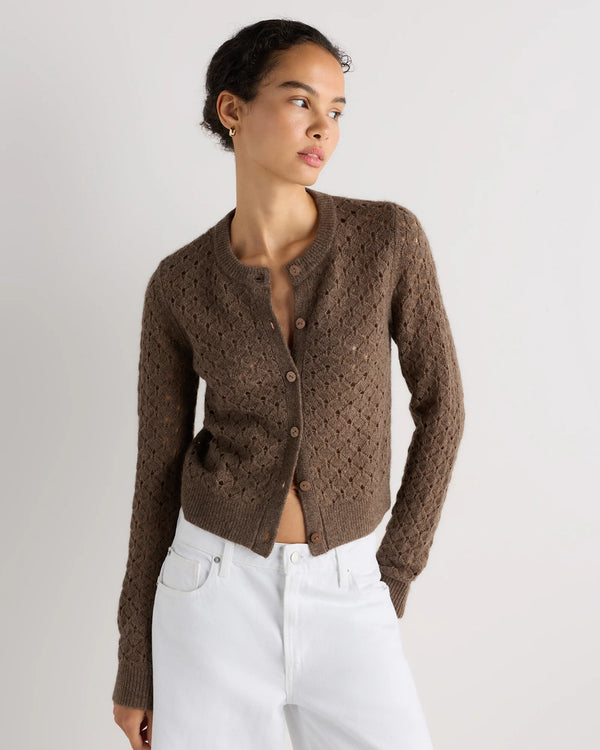100% Yak Wool Pointelle Detail Cardigan - XS / Heather Brown