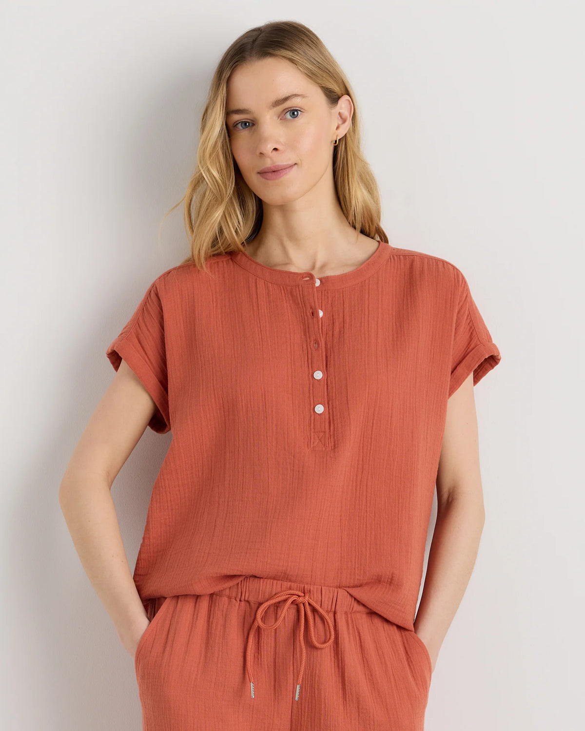 100% Organic Cotton Gauze Roll Sleeve Shirt - XS / Spiced Orange Main image