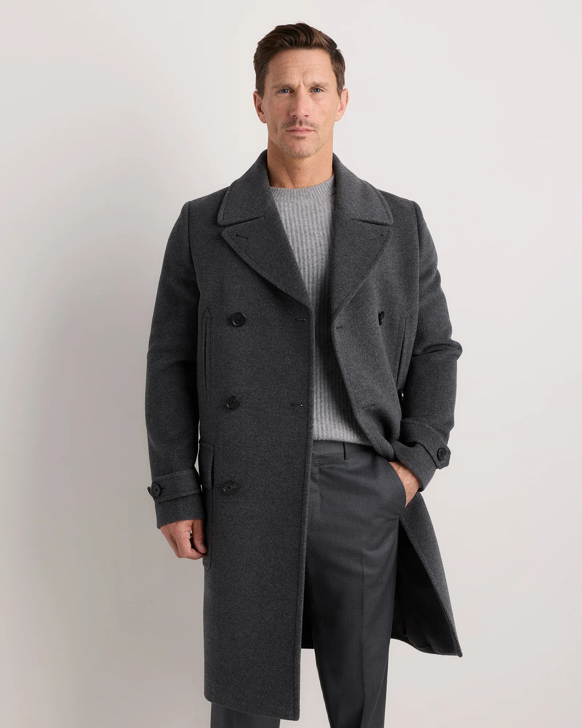 Wool Cashmere Double-Breasted Officer Topcoat - S / Heather Charcoal Main image