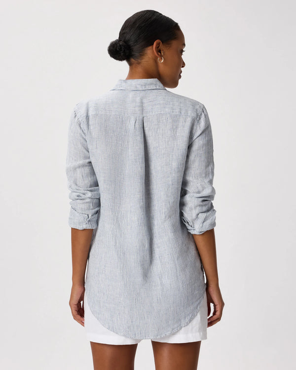 100% European Linen Long Sleeve Shirt - XS / Blue Pinstripe