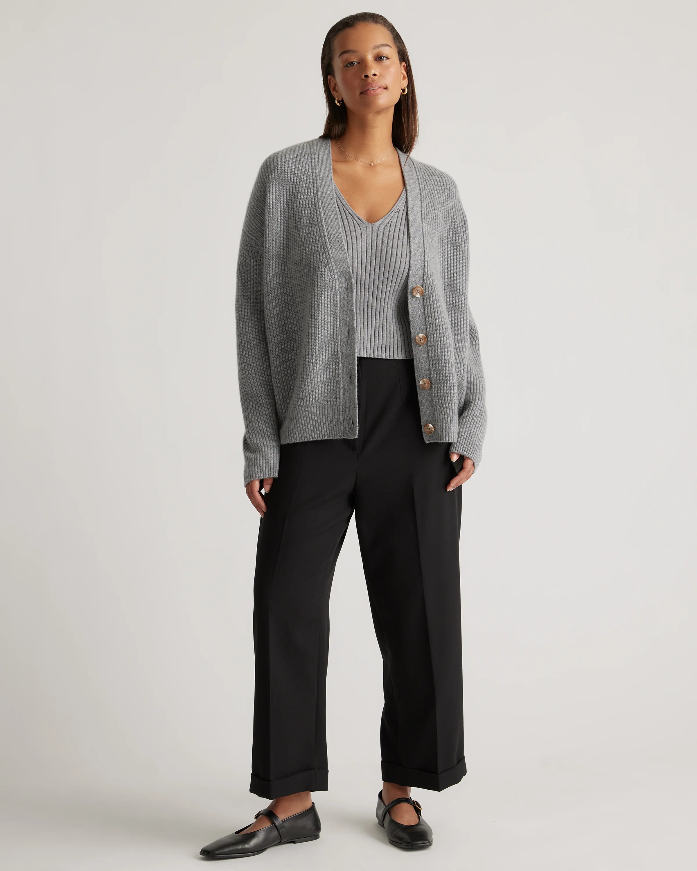 Mongolian Spring Cashmere Fisherman Boxy Cropped Cardigan Sweater - XS / Heather Grey Secondary image