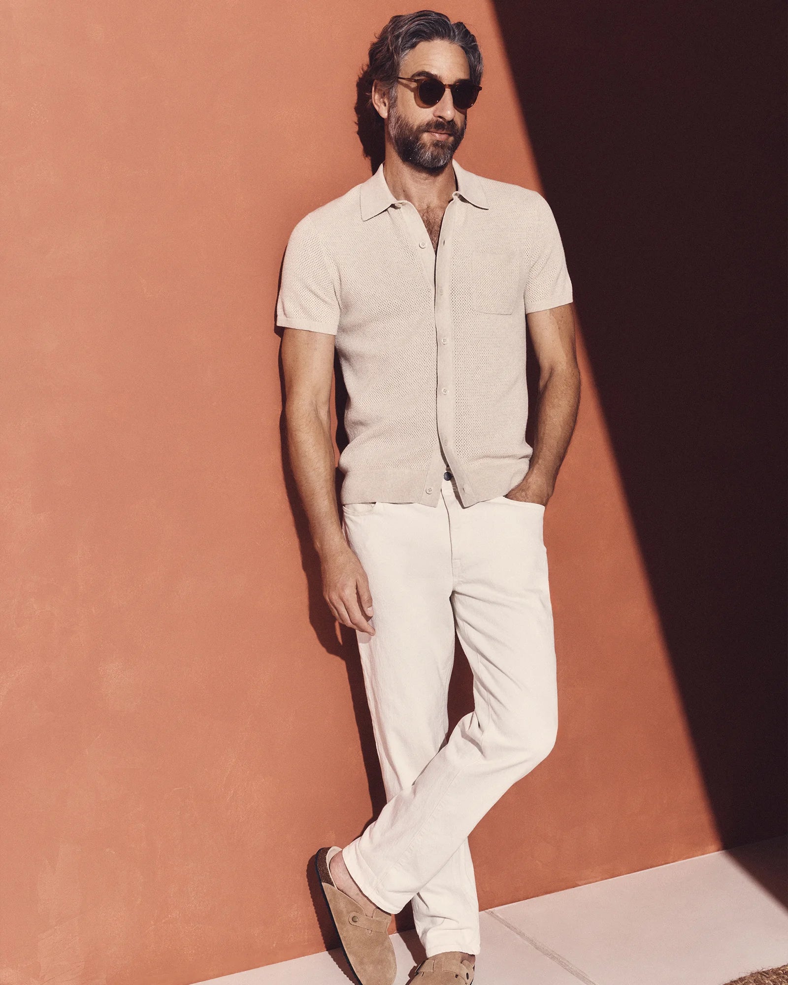 100% Organic Cotton Mesh-Stitch Button-Up Sweater Polo - XS / Speckled Beige Secondary image