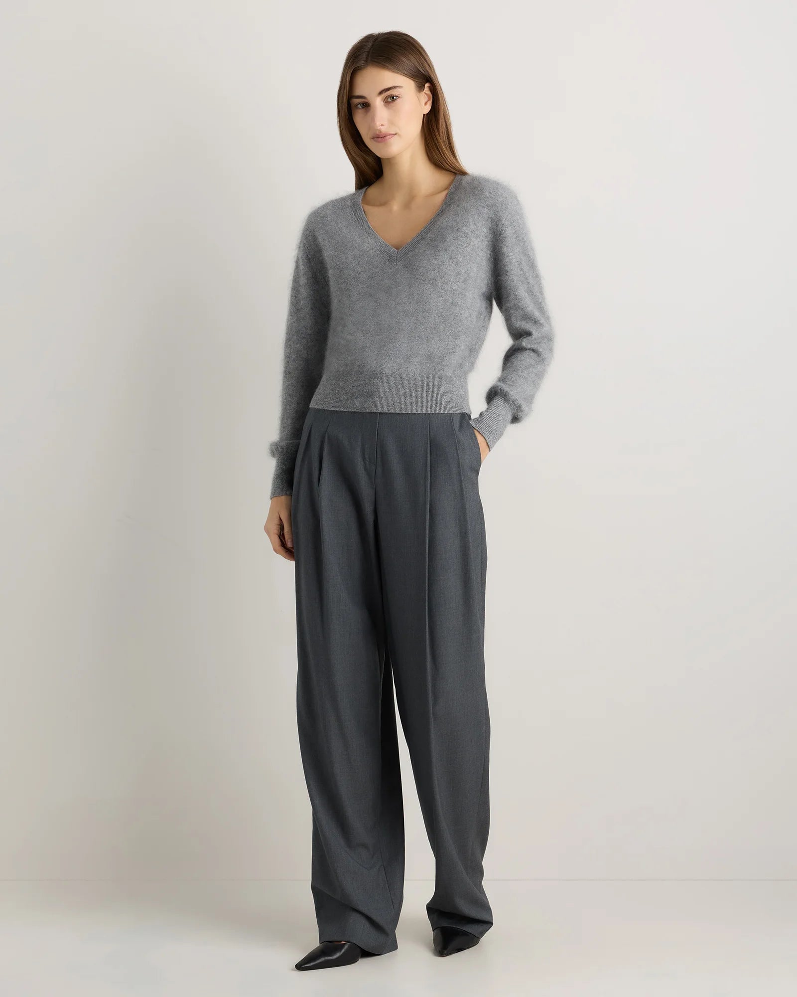 Brushed Cashmere Shrunken V-Neck Sweater - XS / Heather Grey Secondary image