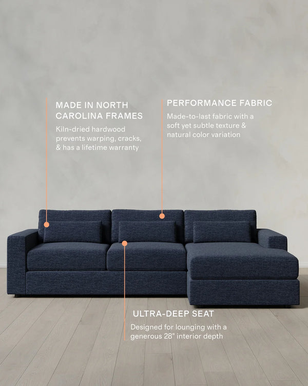 Ashford Deep Seat Chaise Sectional in Performance Chenille Linen Blend - 119" Right Arm / Ink