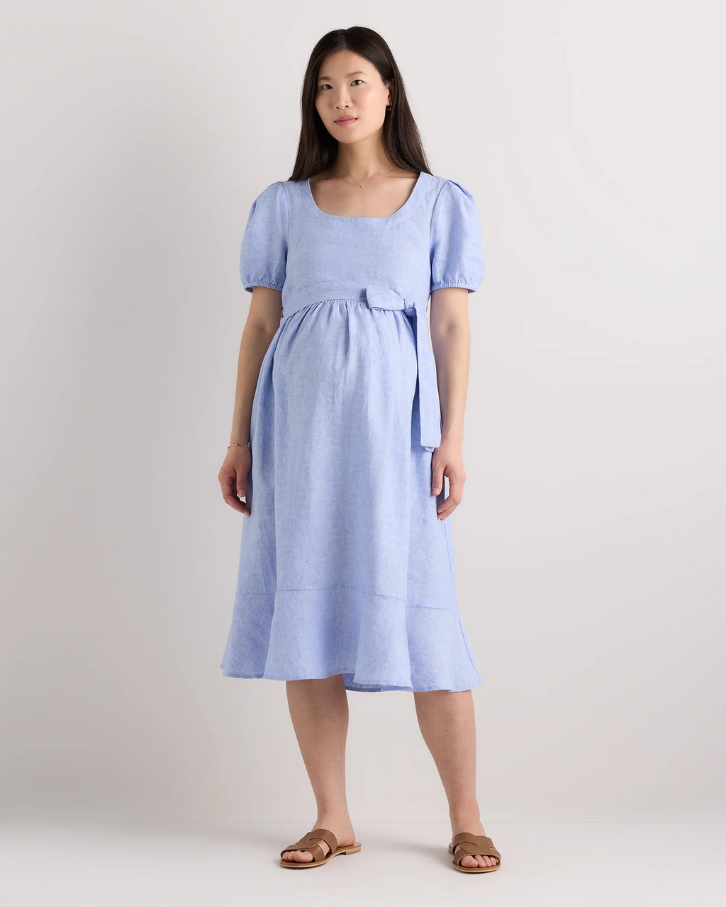 100% European Linen Maternity Short Sleeve Midi Dress - XS / Ivory Porcelain Blue Petite Floral