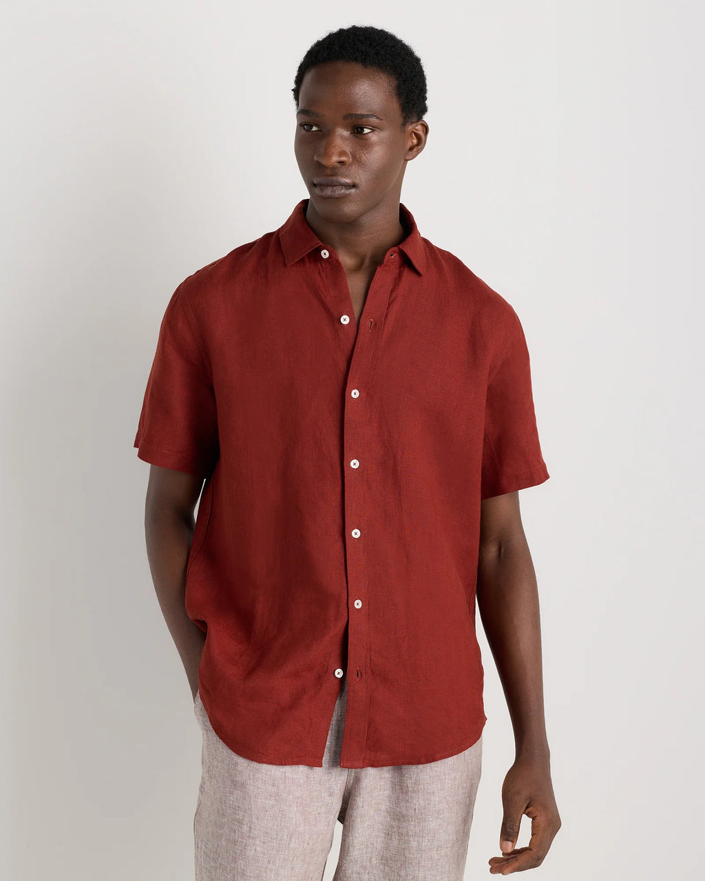100% European Linen Relaxed Short Sleeve Shirt - XS / Taupe Brown Chambray