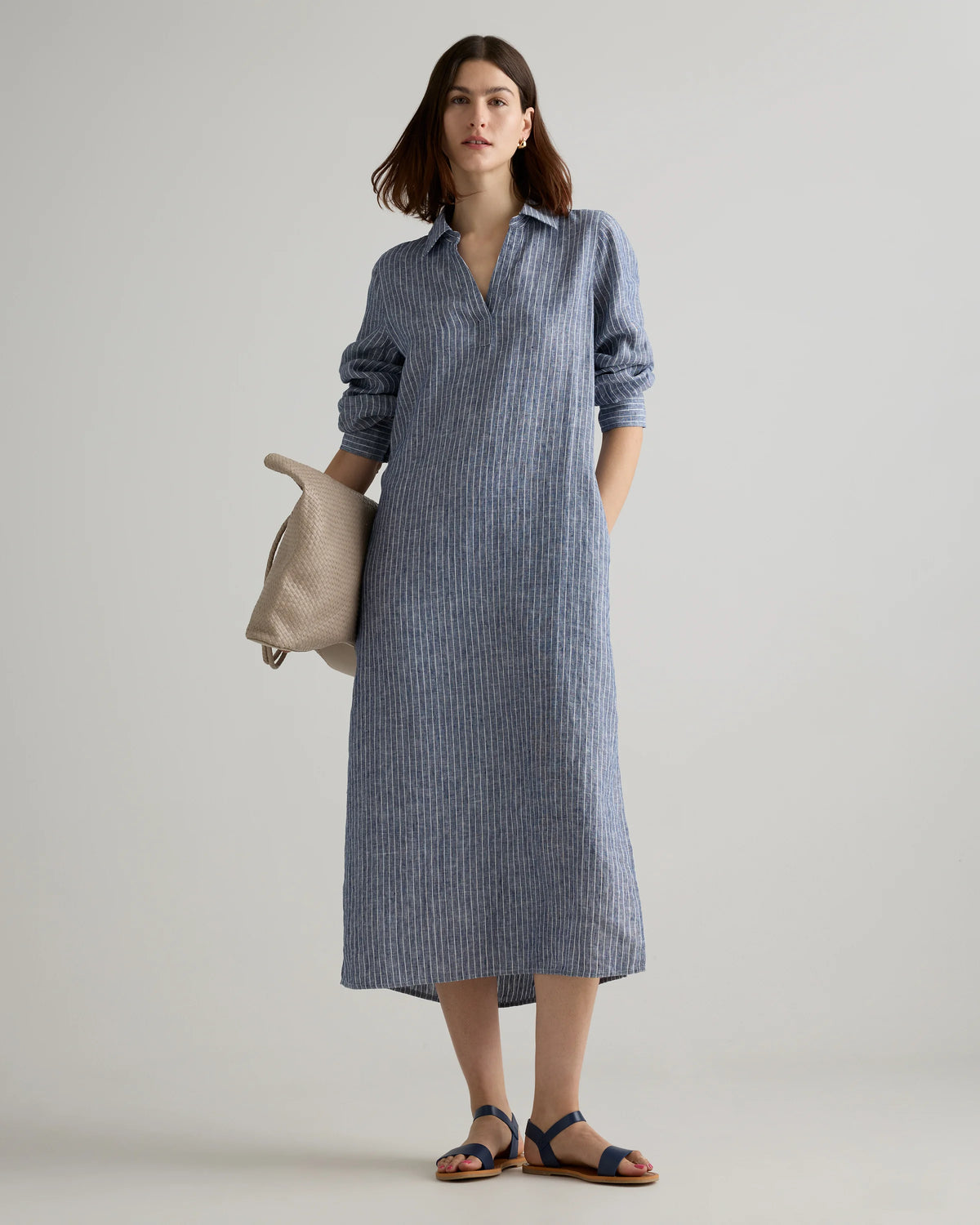 100% European Linen Popover Maxi Dress - XS / Blue Pinstripe