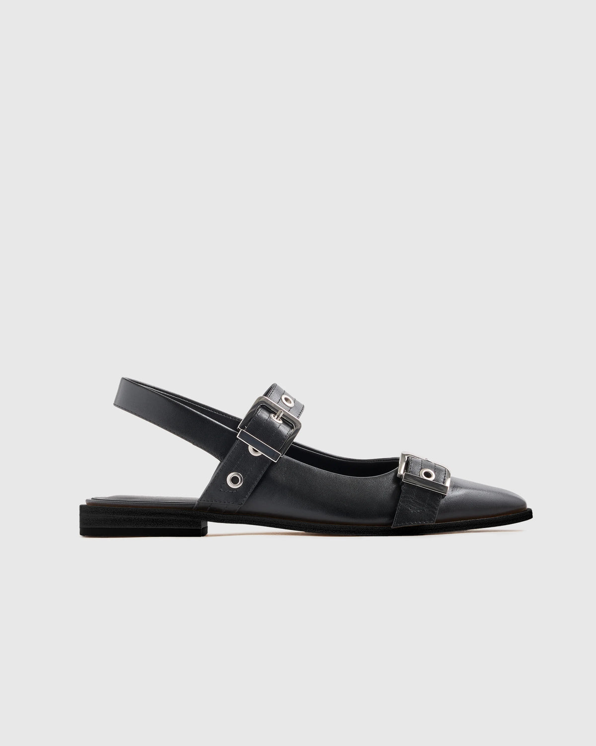 Italian Leather Bold Buckle Slingback Flat - 5 / Black Main image