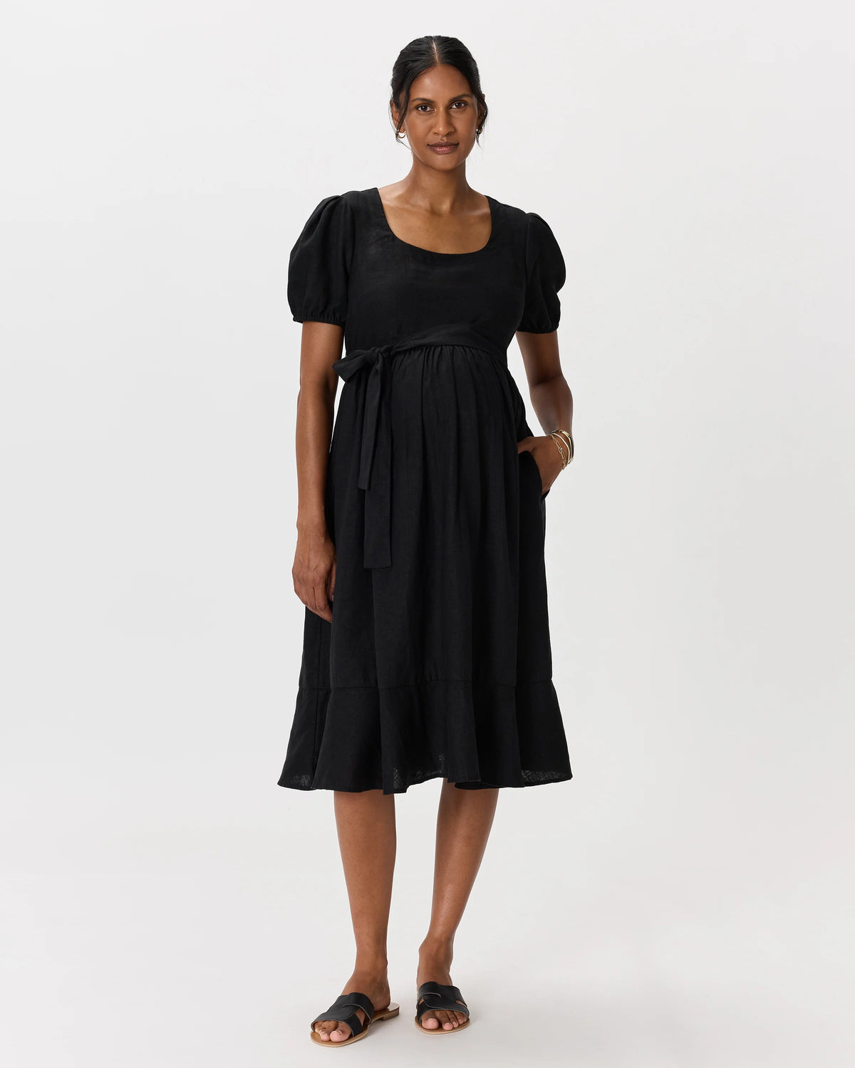 100% European Linen Maternity Short Sleeve Midi Dress - XS / Ivory Porcelain Blue Petite Floral