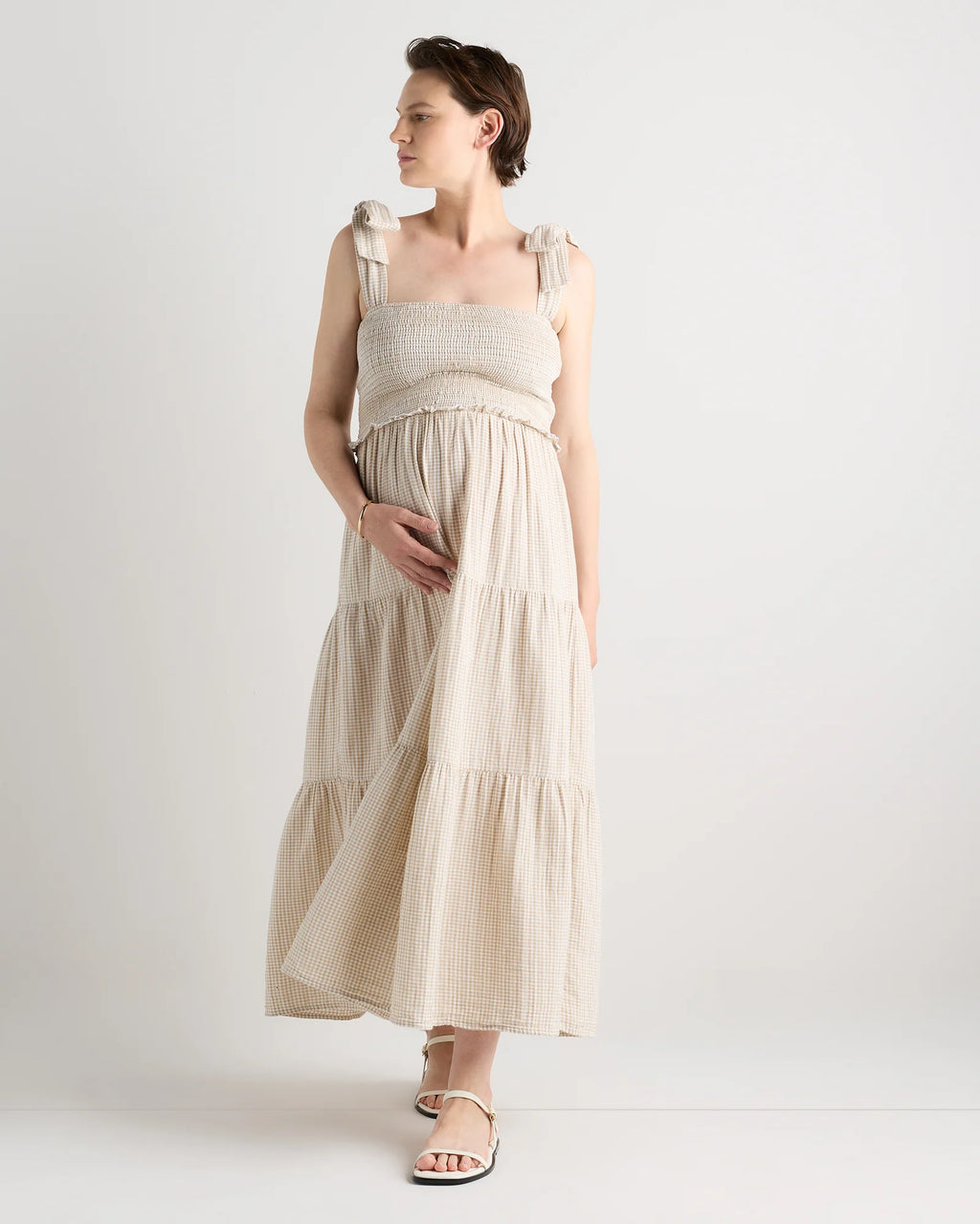100% Organic Cotton Gauze Smocked Sleeveless Midi Dress - XS / Khaki Gingham