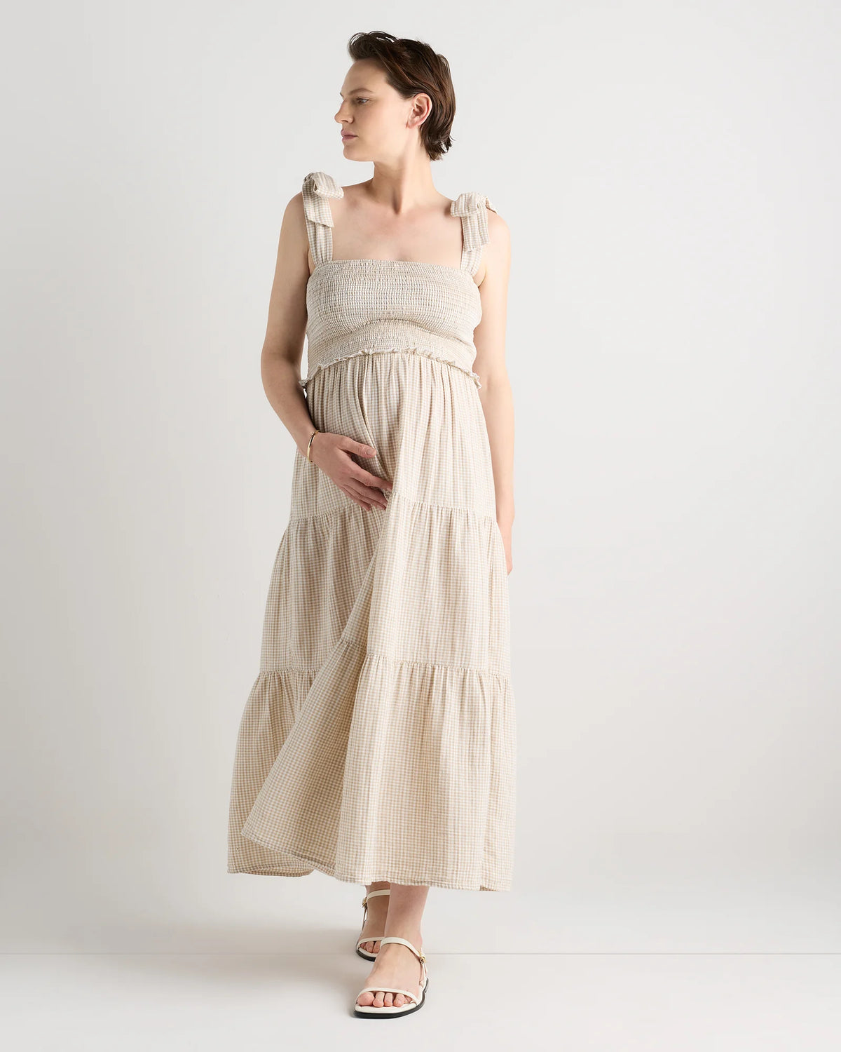 100% Organic Cotton Gauze Smocked Sleeveless Midi Dress - XS / Khaki Gingham Main image