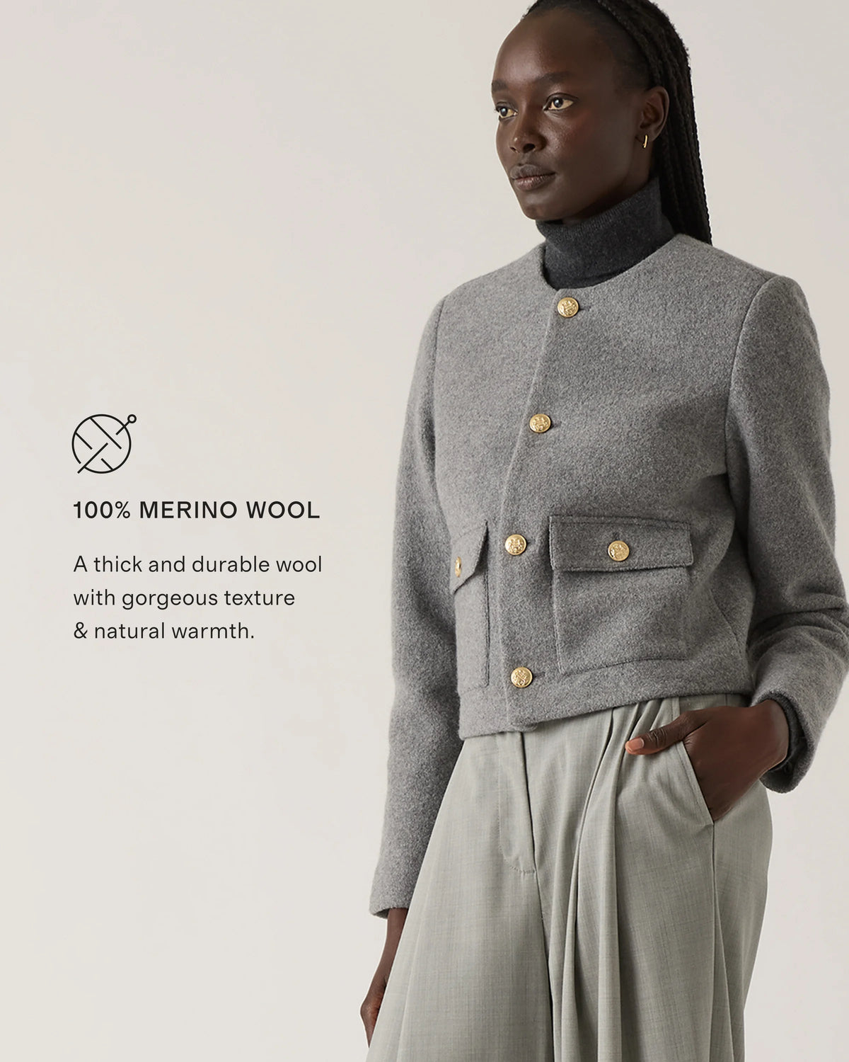 100% Merino Wool Collarless Cropped Jacket - XS / Heather Bone