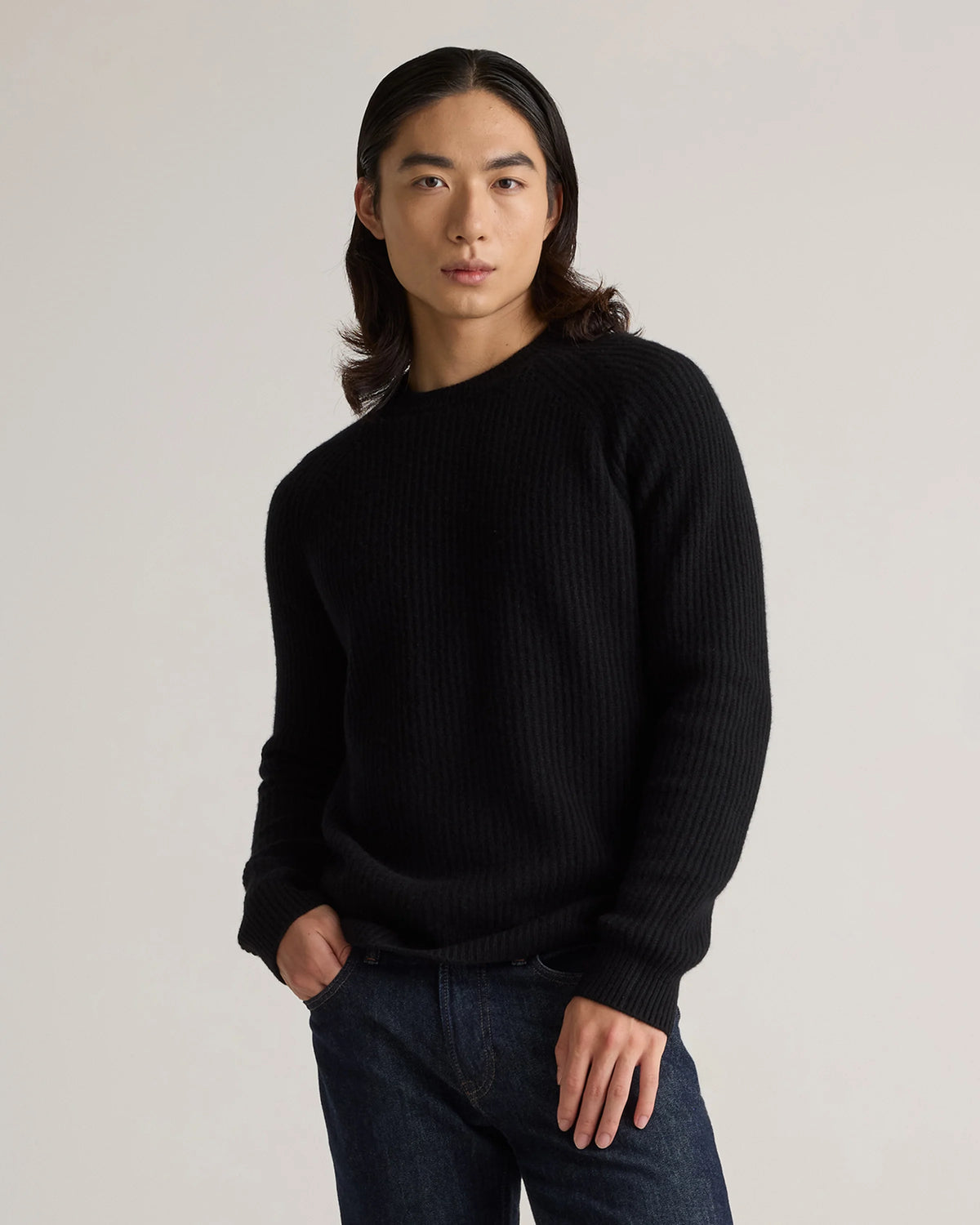 Mongolian Cashmere Fisherman Crewneck Sweater - S / Navy Marl
