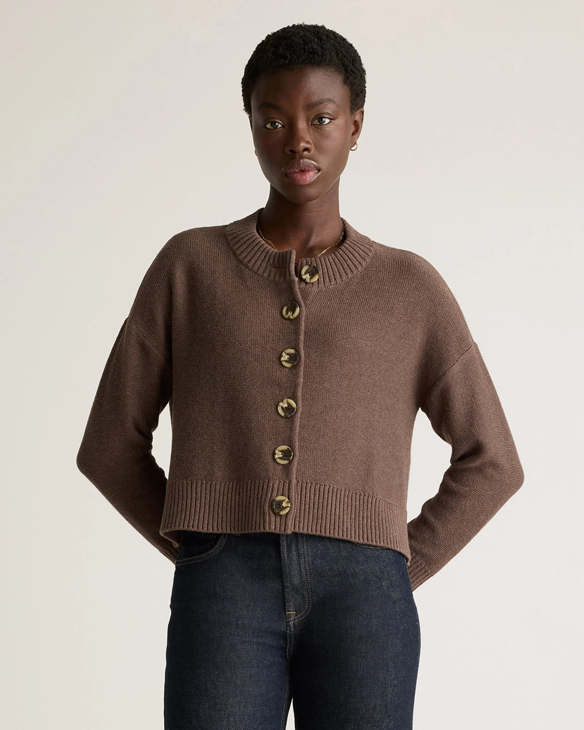 100% Organic Cotton Cropped Cardigan - XS / Heather Brown Main image