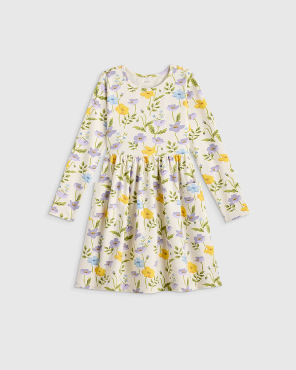 Organic Cotton Long Sleeve Fit and Flare Pocket Dress - 2T / Purple Poppy Garden