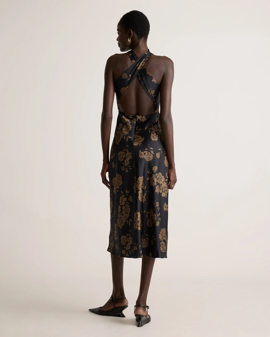 Washable Stretch Silk High Neck Midi Dress - XS / Vintage Navy Roses
