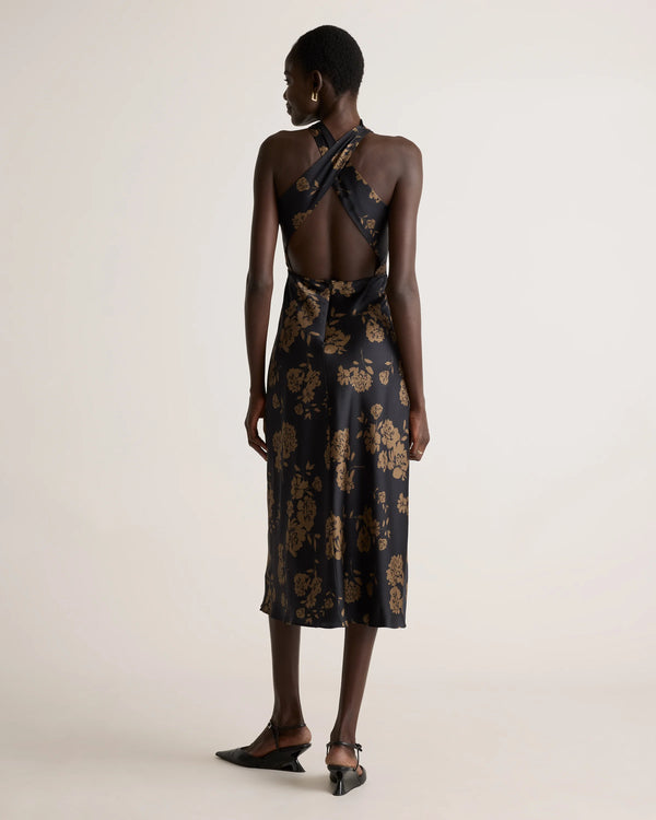 Washable Stretch Silk High Neck Midi Dress - XS / Vintage Navy Roses