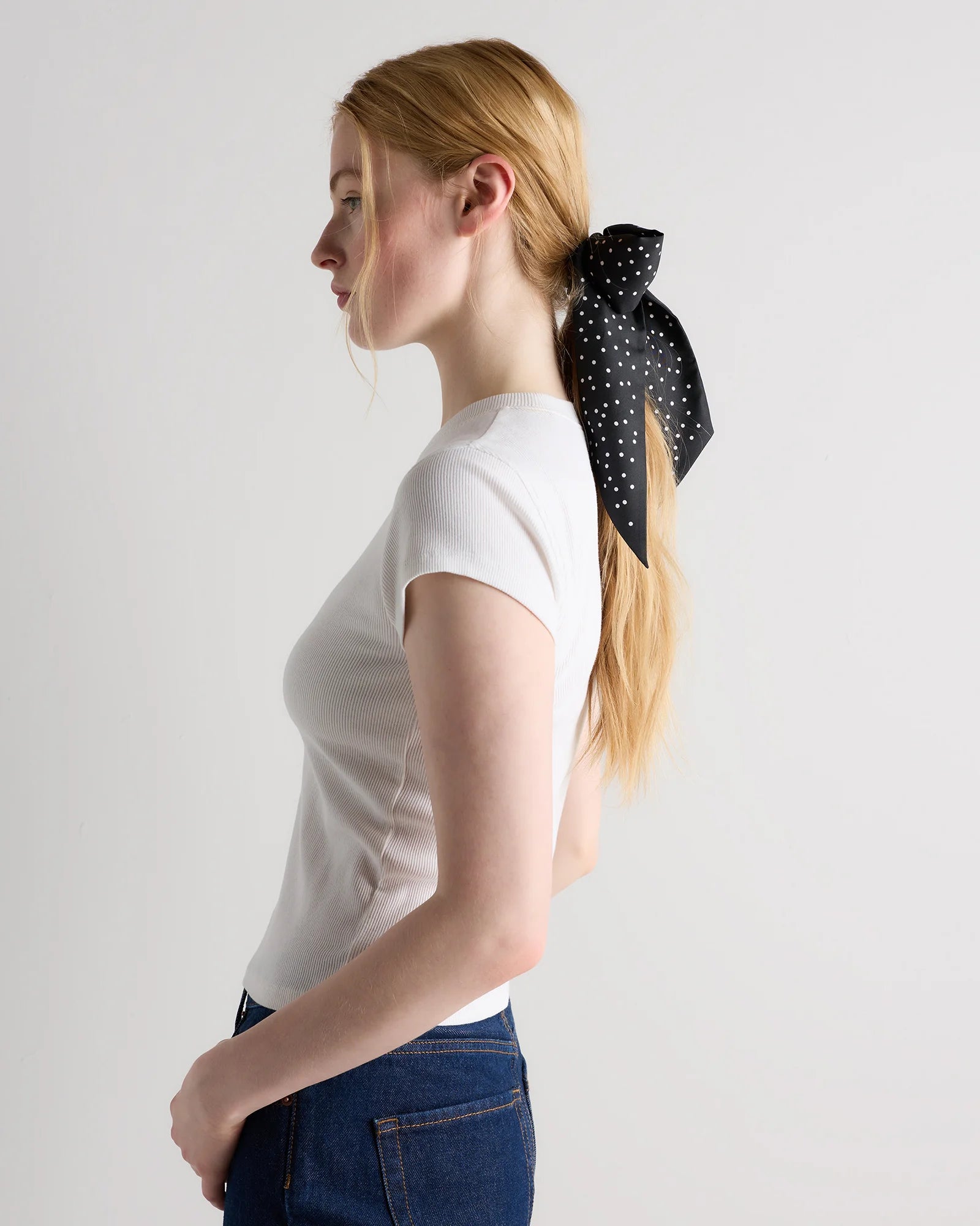 100% Silk Printed Skinny Scarf - One Size / Tiny Dot Black/ White Secondary image