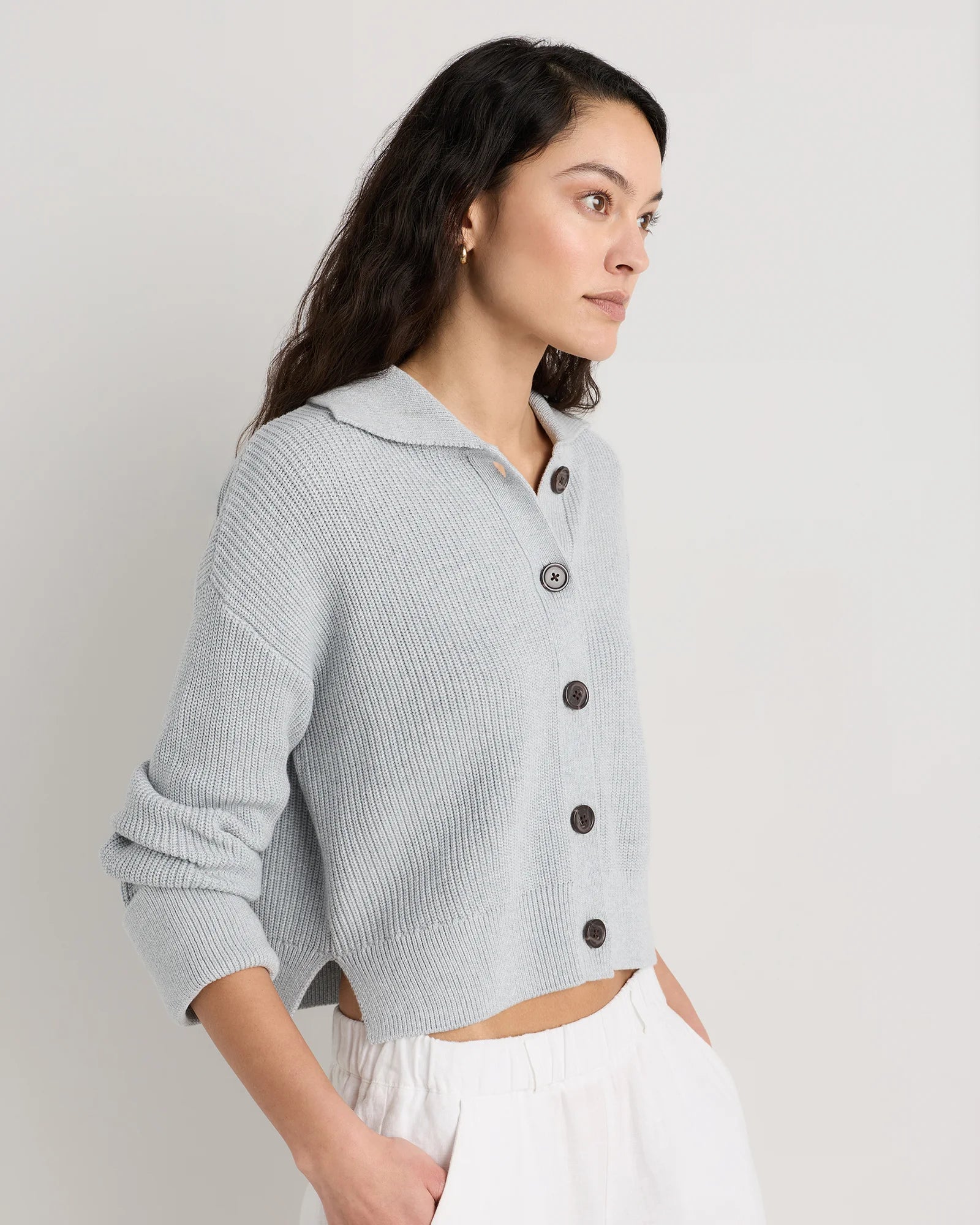 100% Organic Cotton Fisherman Collared Cardigan - XS / Heather Dove Grey Secondary image