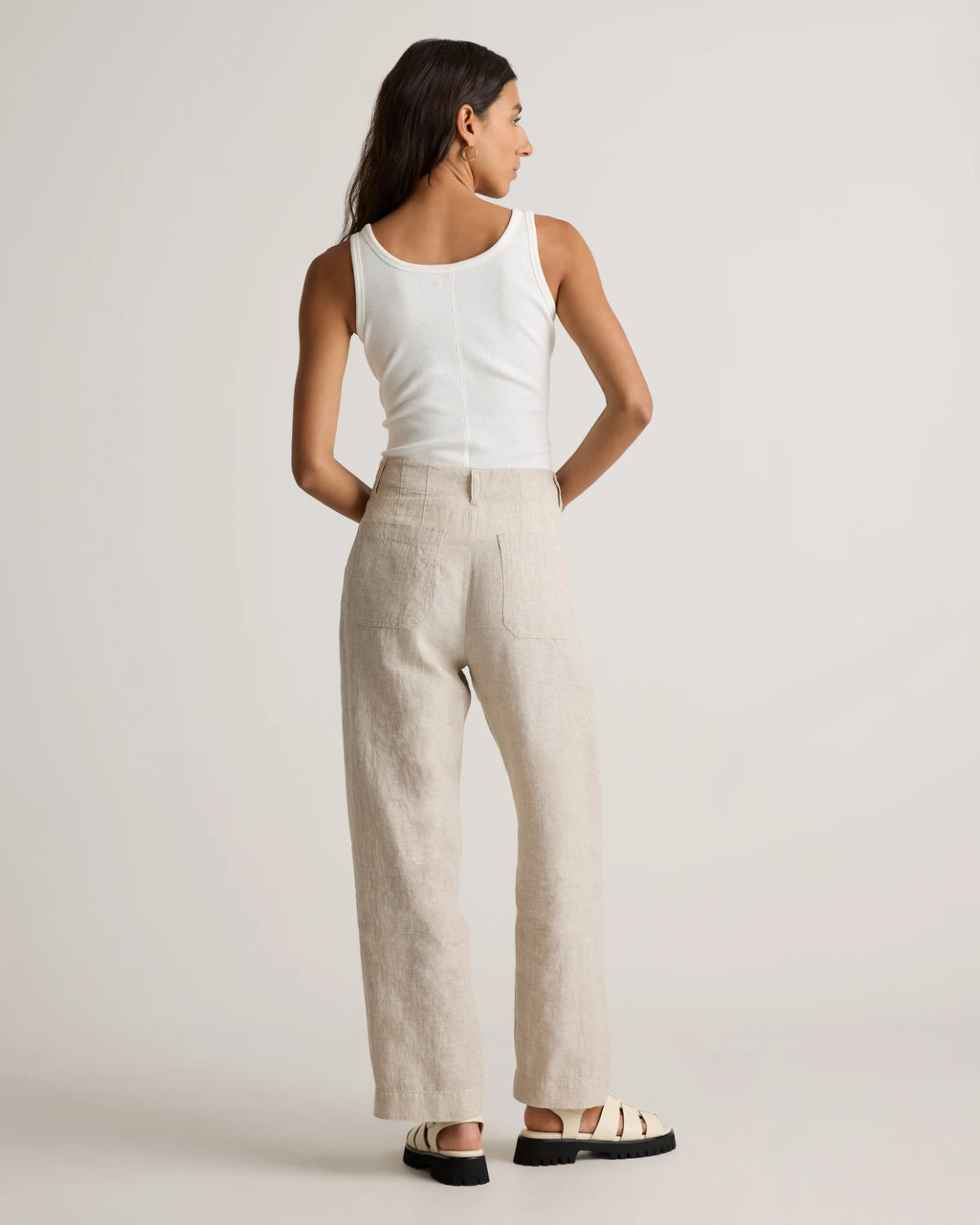 100% European Linen Patch Pocket Wide Leg Pants - 0 / Taupe Brown Chambray