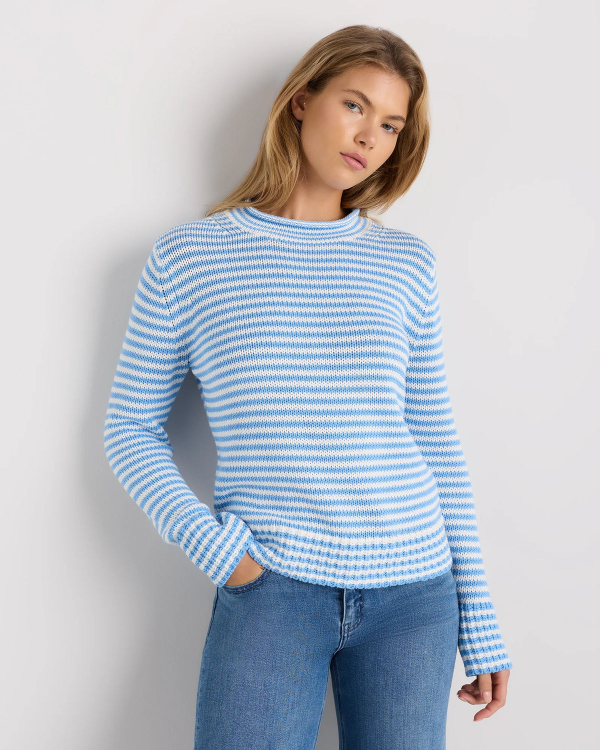 100% Organic Cotton Roll Neck Sweater - XS / Cornflower Mini Stripe Main image