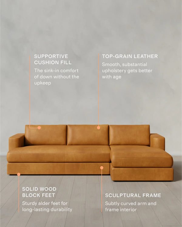 Sierra Curved Arm Chaise Sectional in Leather - Right Arm / Auburn