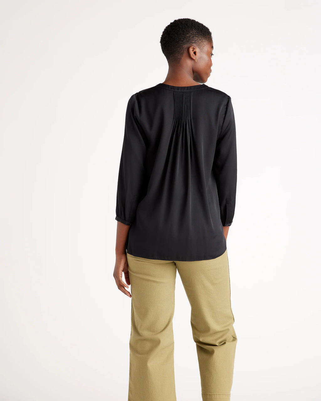 Washable Stretch Silk Pleat Back Blouse - XS / Black