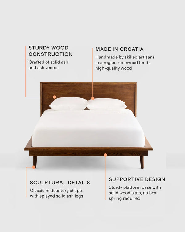 Solid Wood Midcentury Platform Bed - Queen / Chestnut Ash