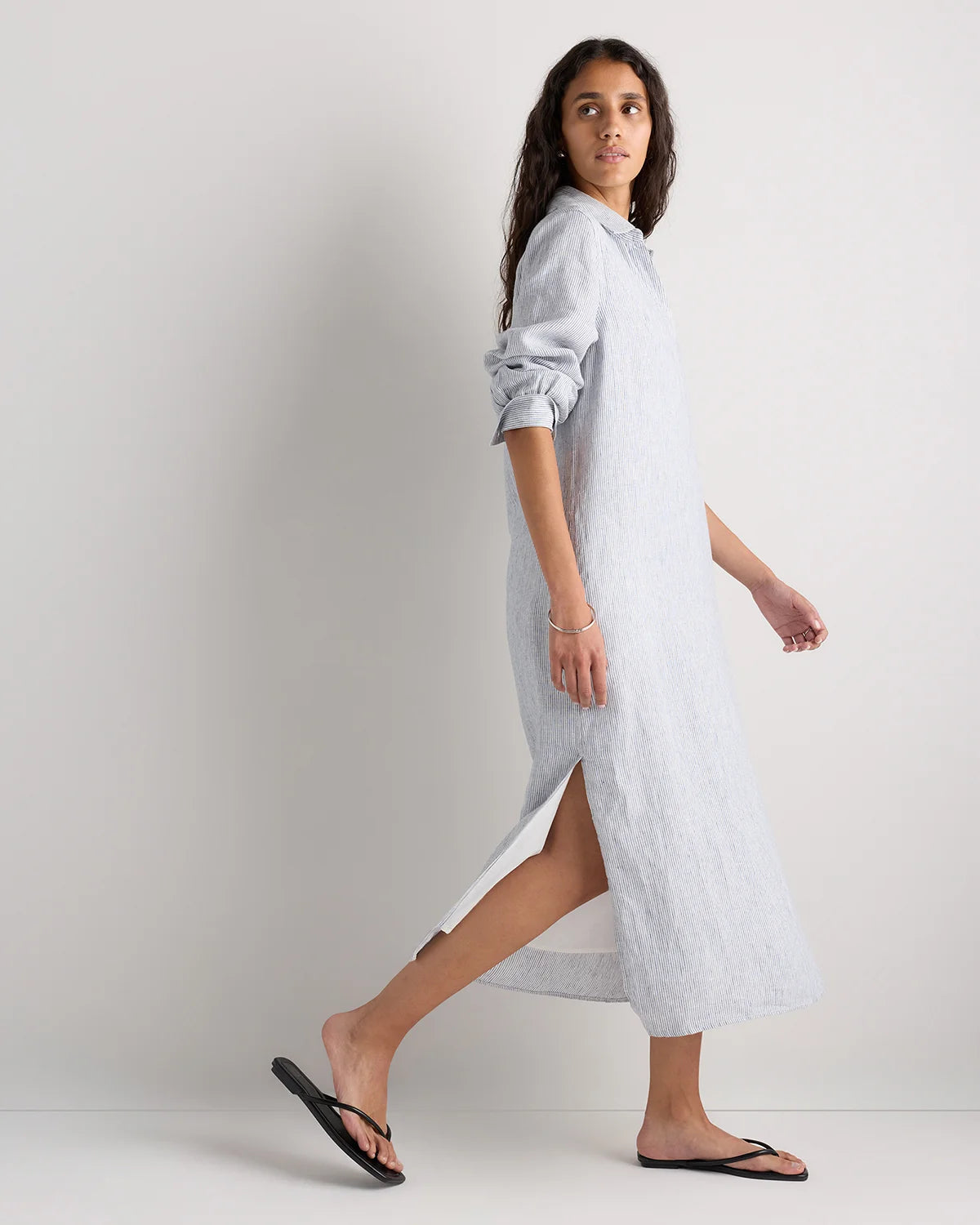 100% European Linen Popover Maxi Dress - XS / Blue Pinstripe Secondary image