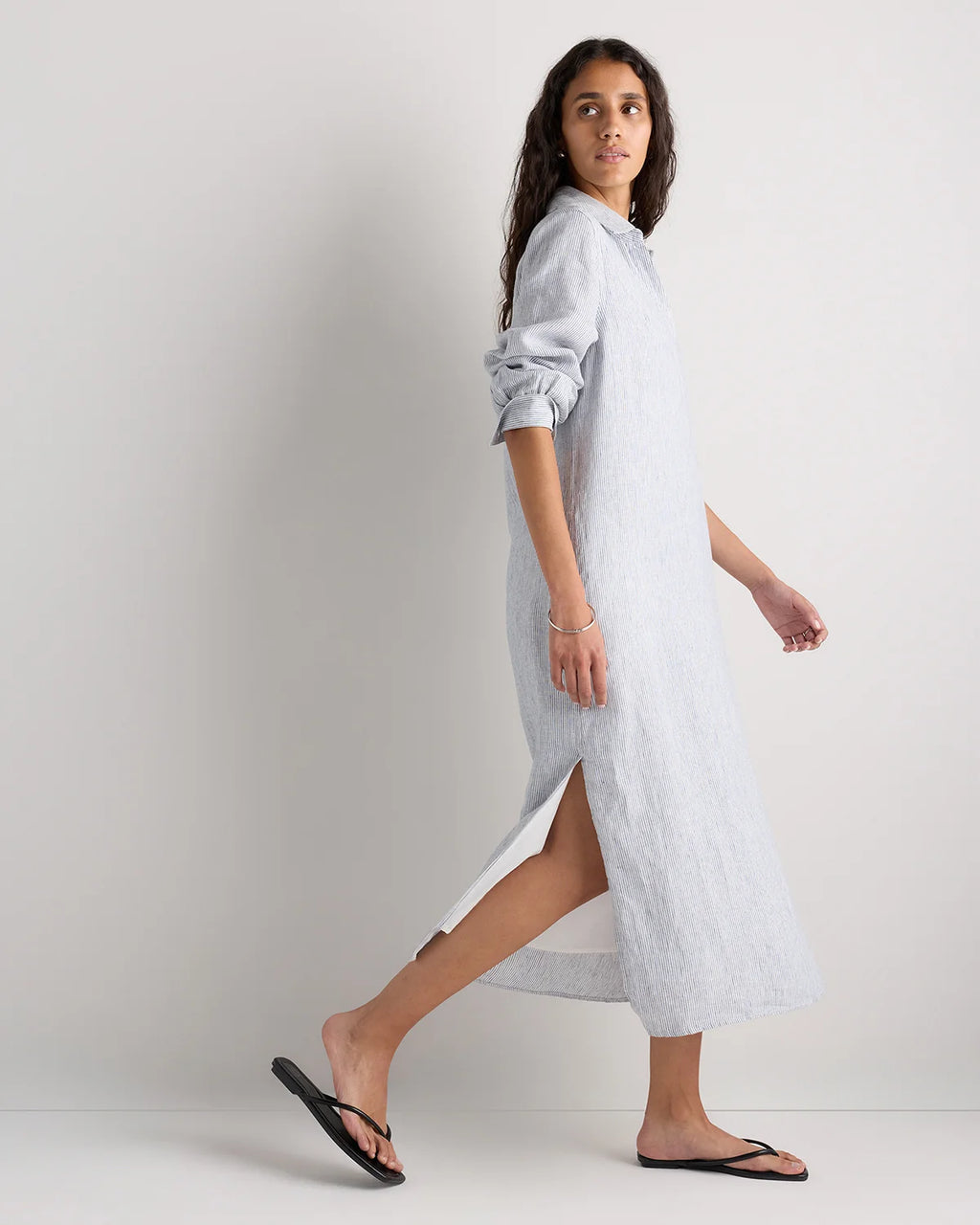 100% European Linen Popover Maxi Dress - XS / Blue Pinstripe