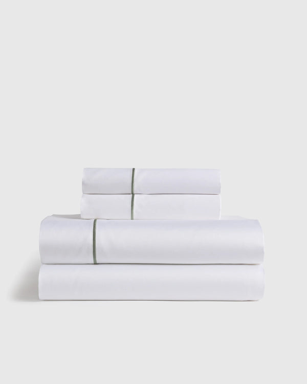 Signature Giza Cotton Sateen Embroidered Sheet Set - Twin / White/Dried Sage