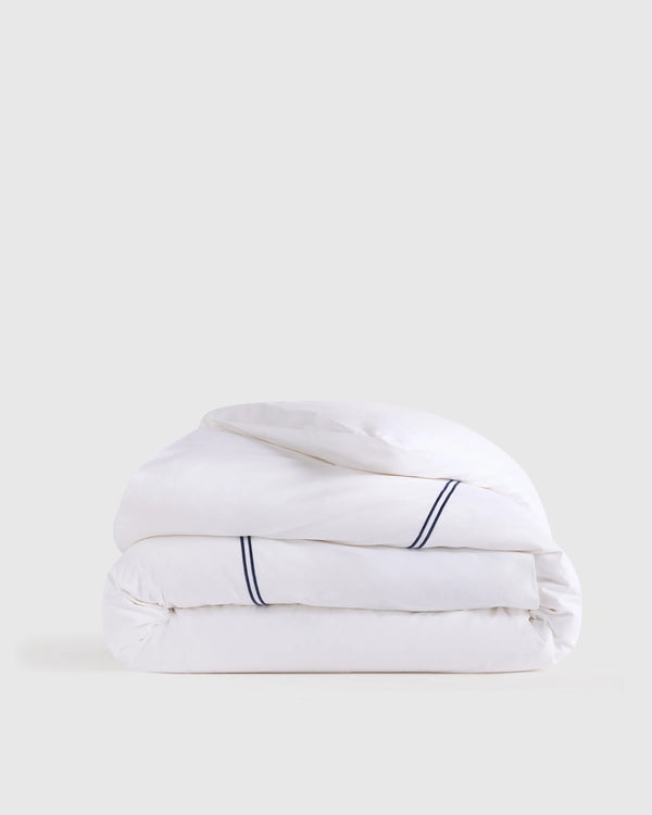 Organic Crisp Percale Embellished Duvet Cover - Twin / White/Navy