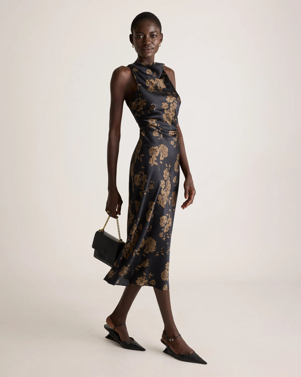 Washable Stretch Silk High Neck Midi Dress - XS / Vintage Navy Roses