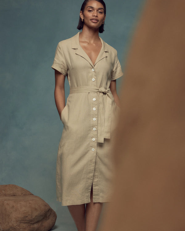 100% European Linen Button Front Dress - XS / Sky Blue Mariner Stripe