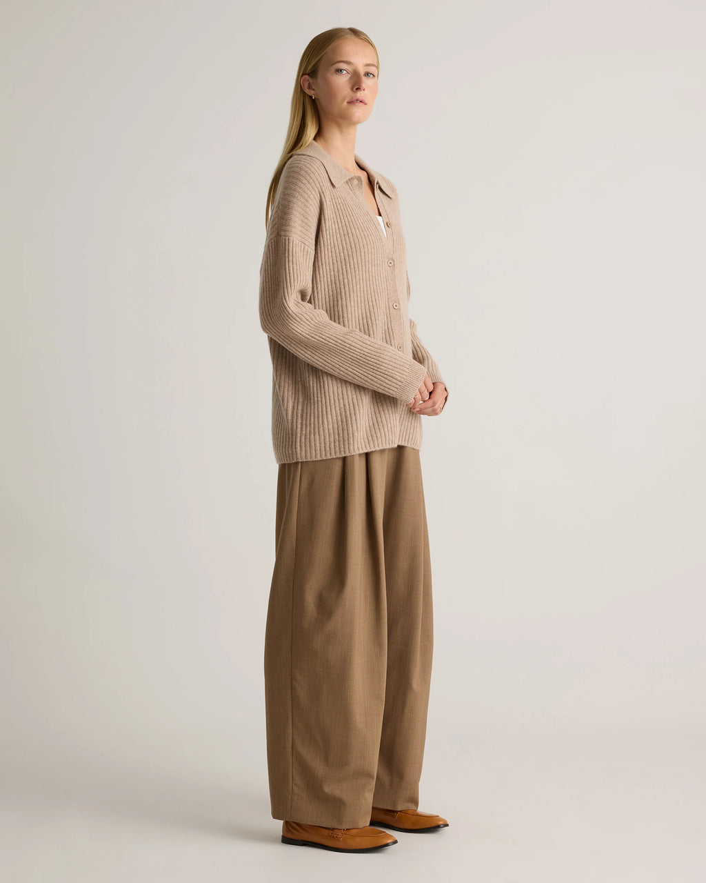 Mongolian Cashmere Wide-Rib Oversized Collared Cardigan - XS / Oatmeal