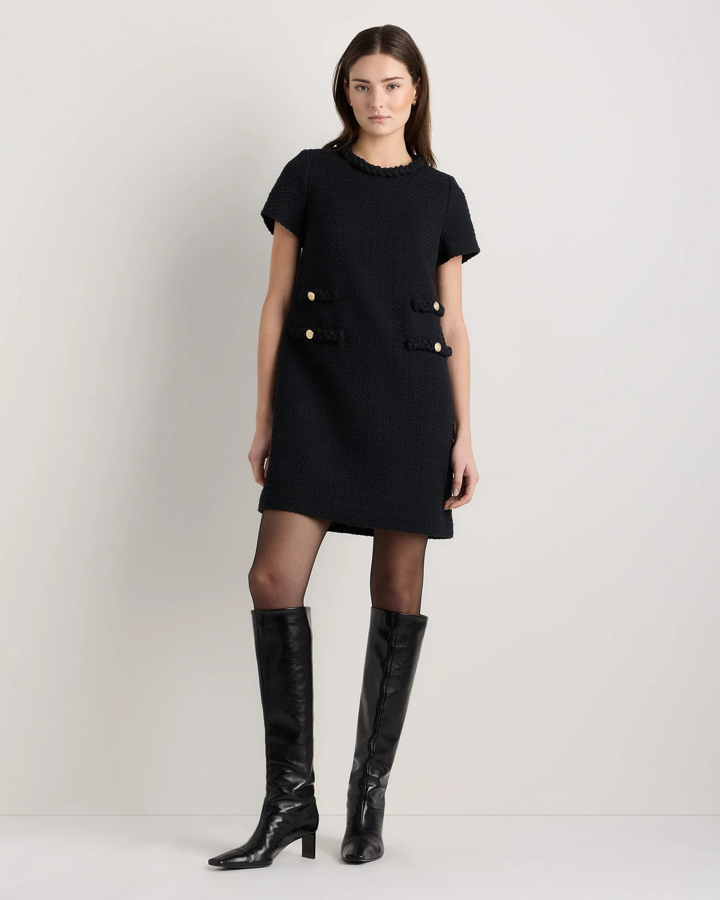 Tweed Short Sleeve Mini Dress - XS / True Black