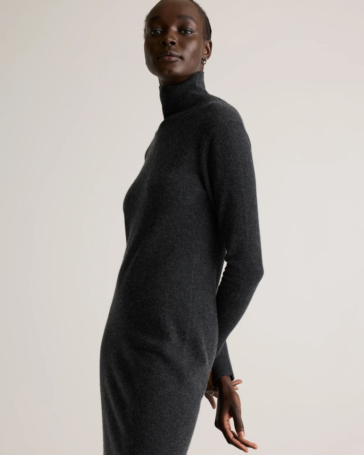 Mongolian Cashmere Turtleneck Midi Sweater Dress - XS / Charcoal
