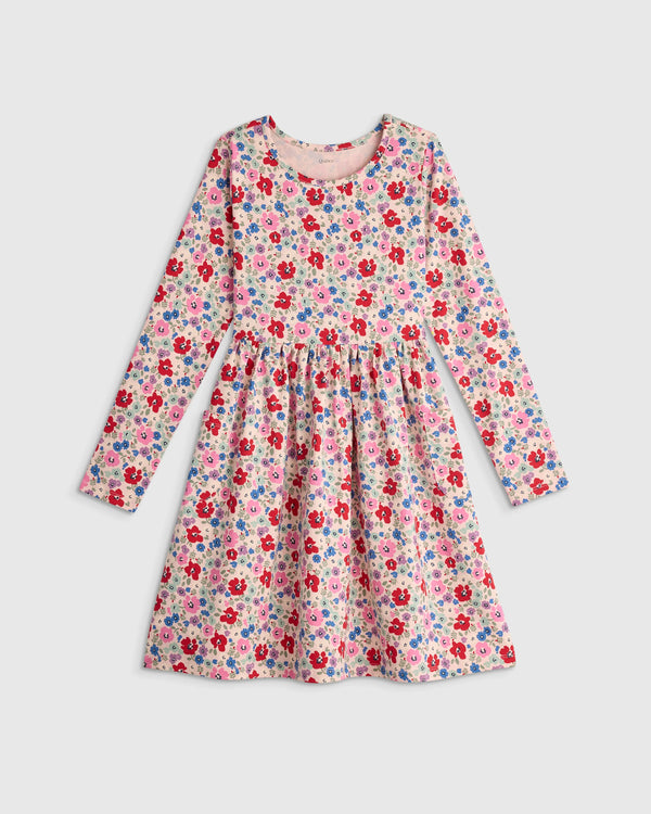 Organic Cotton Long Sleeve Fit and Flare Pocket Dress - 6 / Purple Poppy Garden