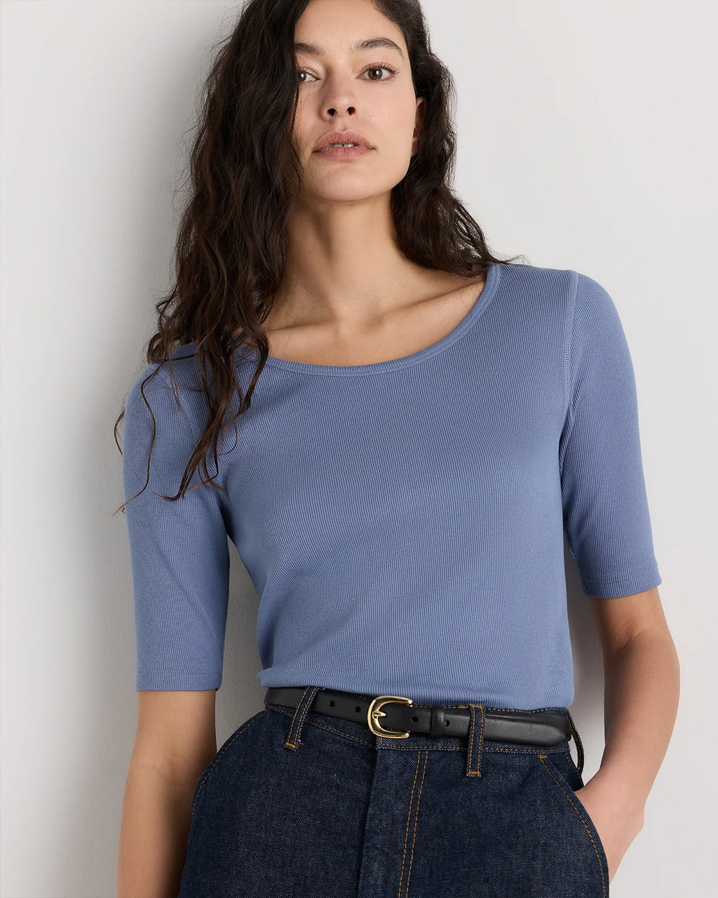 Organic Cotton Micro-Rib Elbow Sleeve Tee - XS / Moonstone Blue