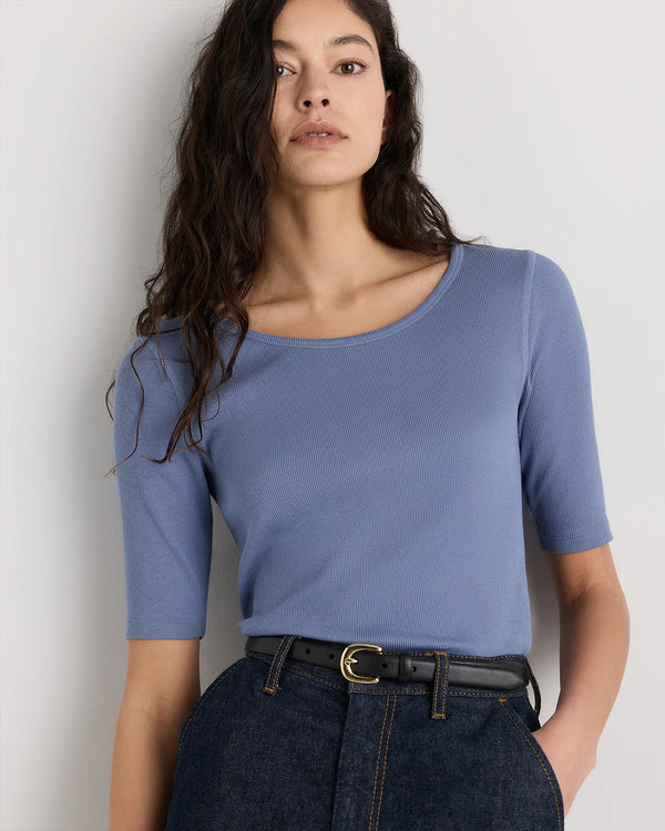 Organic Cotton Micro-Rib Elbow Sleeve Tee - XS / Moonstone Blue