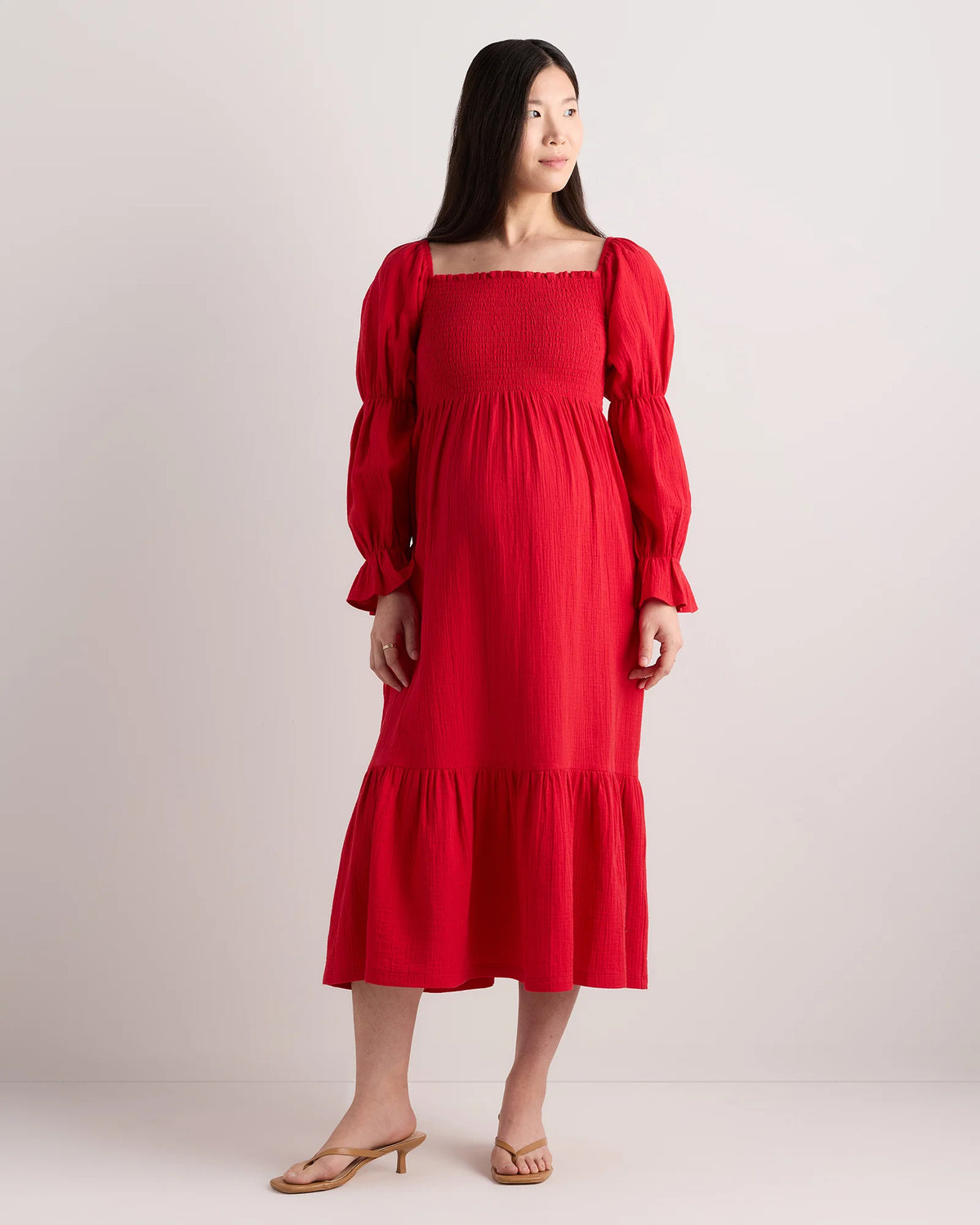 100% Organic Cotton Gauze Maternity Smocked Midi Dress - XS / Wild Cherry Main image