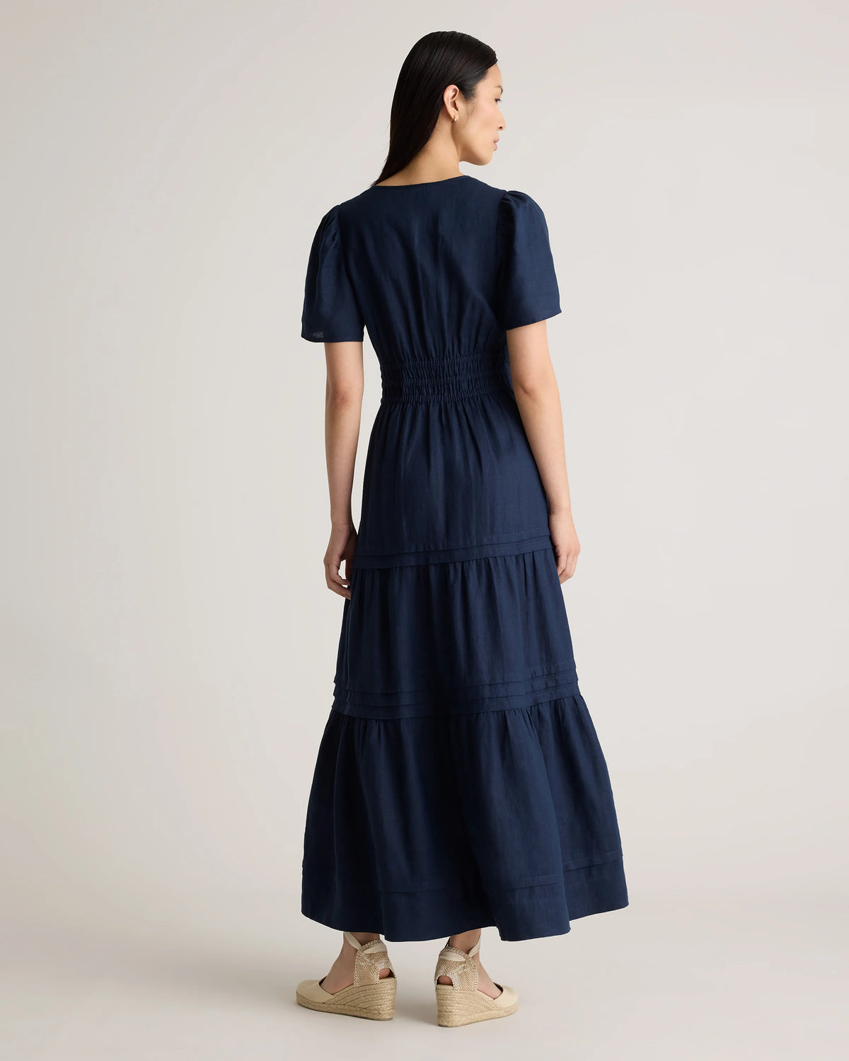 100% European Linen Tiered Maxi Dress - XS / Ivory Porcelain Blue Petite Floral