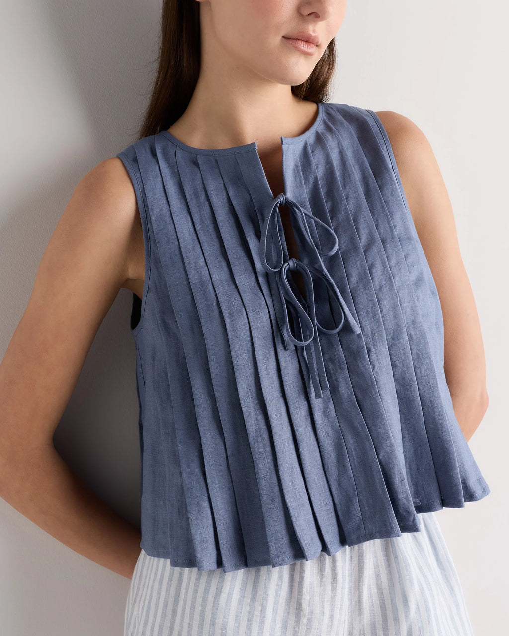 100% European Linen Pleated Tank - XS / Moonstone Blue