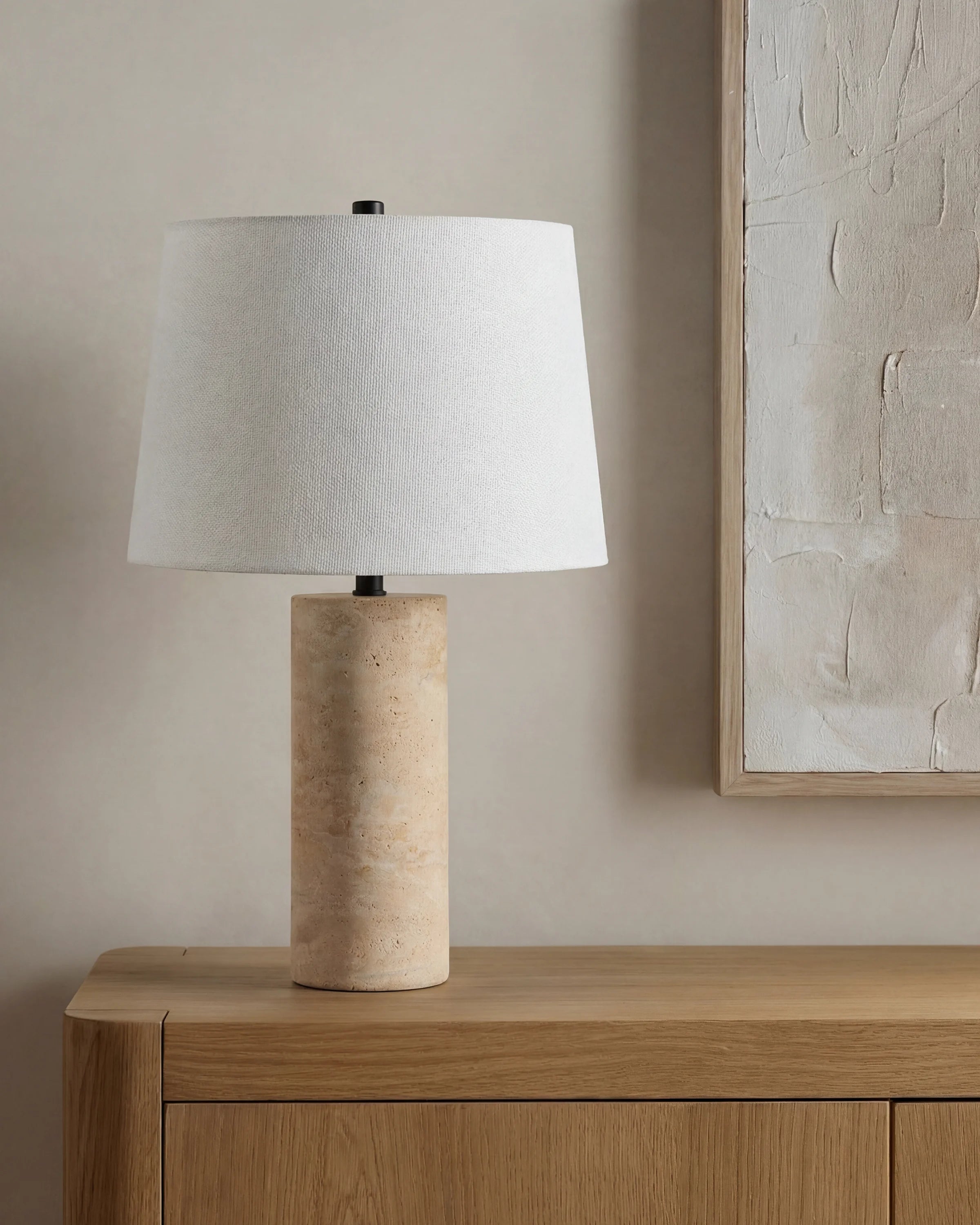 Travertine Table Lamp with Drum Shade - Column / Beige Secondary image