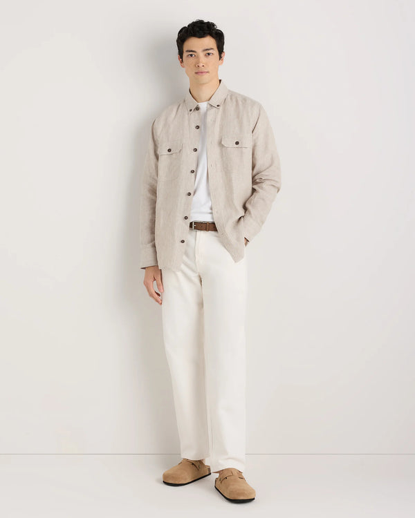 100% European Linen Utility Shirt - S / Taupe Brown Chambray