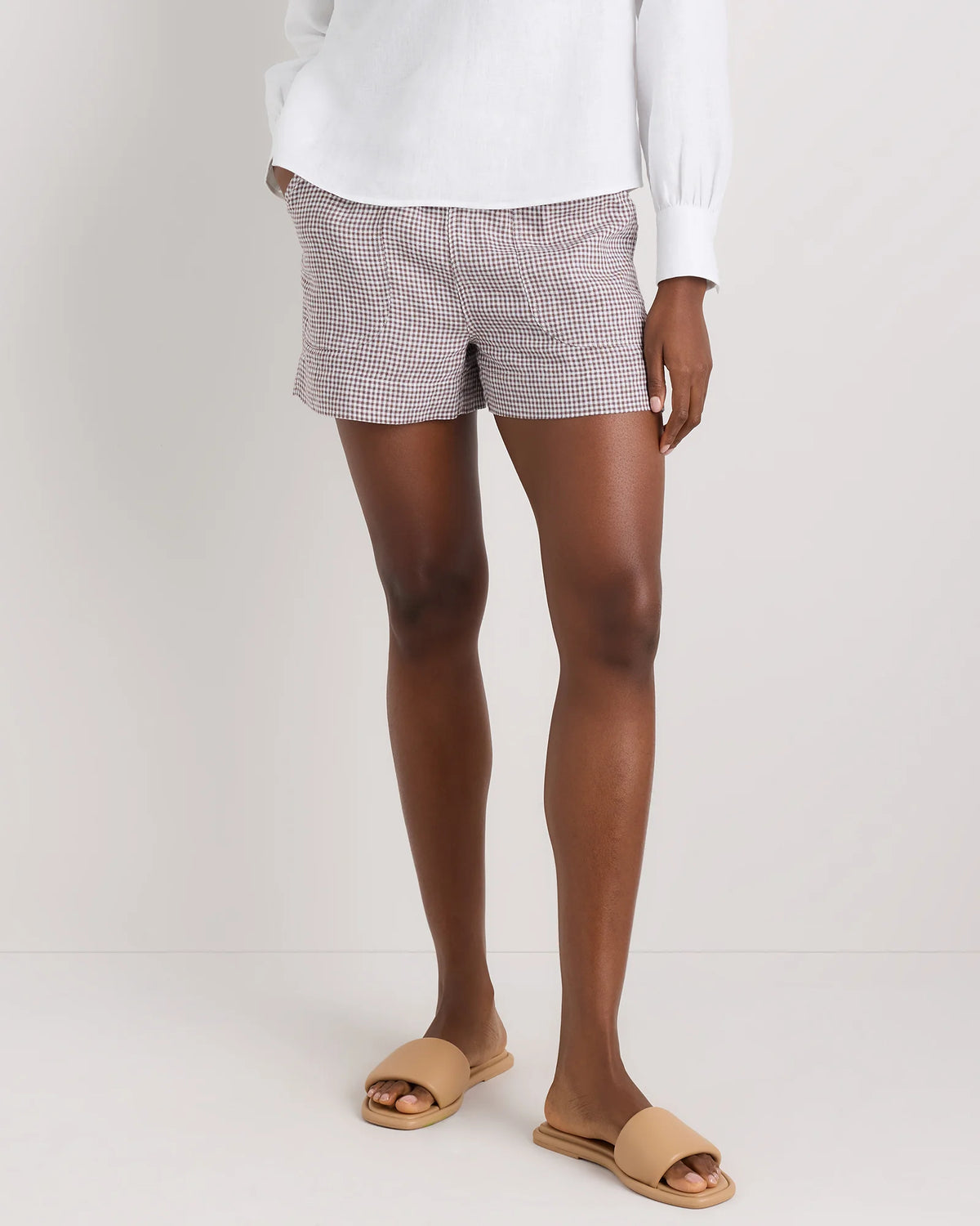 100% European Linen Shorts - XS / Taupe Brown Gingham Main image