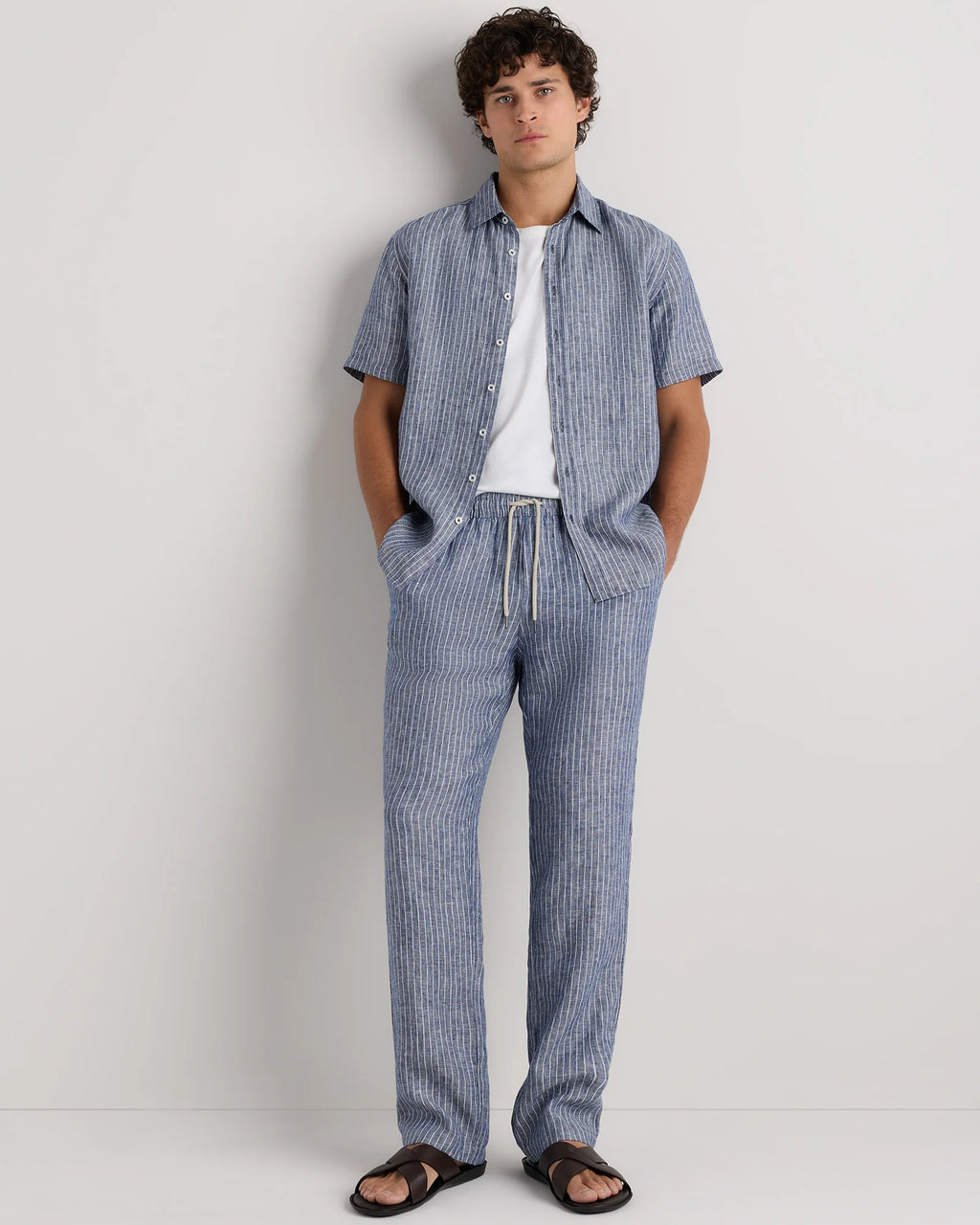 100% European Linen Drawstring Beach Pants - XS / Taupe Brown Chambray